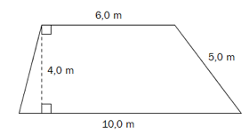 Figuren har to parallelle sider: 10, 0 m og 6, 0 m. Ellers er høyden lik 4,0 m og en av de to andre sidene er 5,0 m.